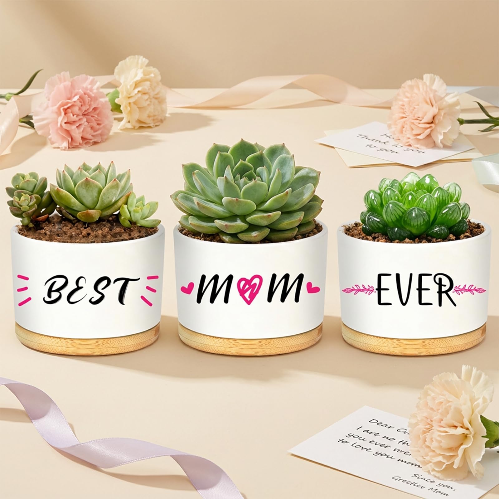 OlyPegic Mum Birthday Gifts, 3 PCS Printed Ceramic Plant Pot Set with Bamboo Saucers, Small Indoor Plant Pots for Succulents, Flowers & House Plants, Mother's Day Presents from Daughter/Son