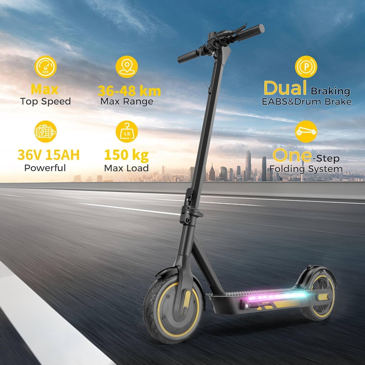 Kalorace V10pro-48 km Electric Scooter with key features: Max Speed, Max Range, Battery, Max Load, Dual Braking, One-Step Folding.