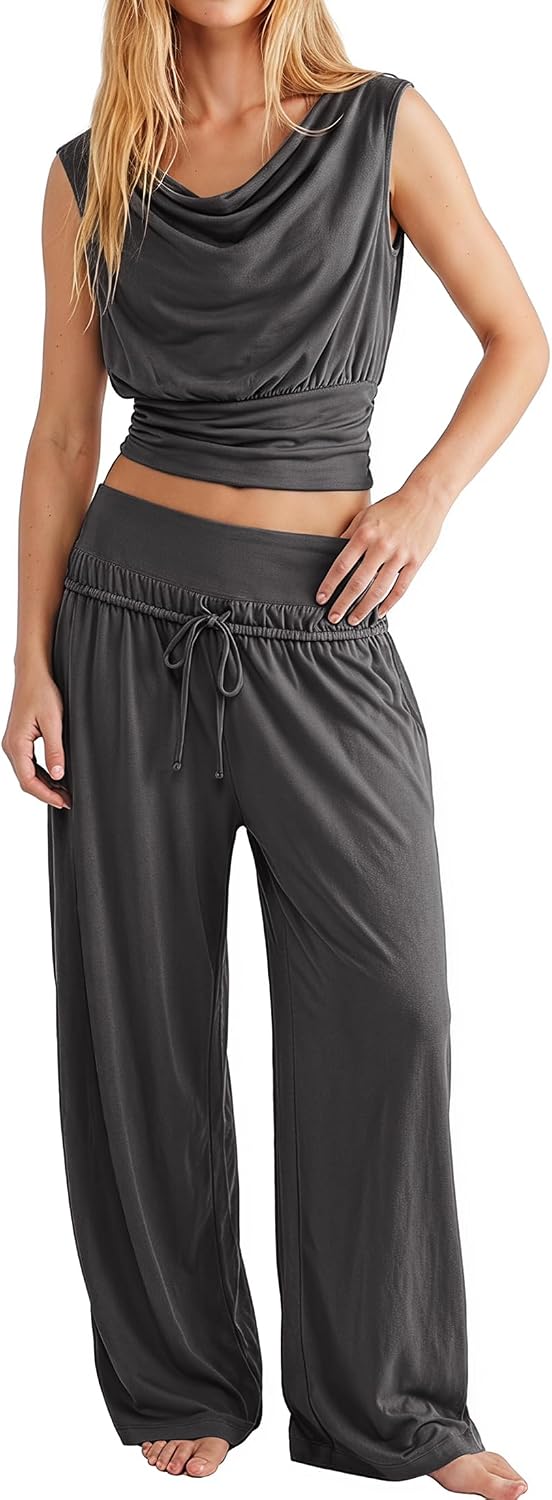 Womens Summer 2 Piece Outfits Cowl Neck Tops Wide Leg Pants Sets
