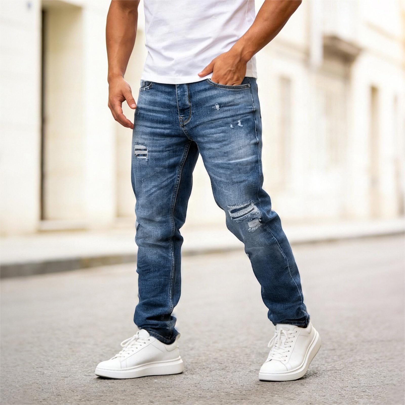 Jeans Herren Straight Jeanshose Sommerjeans Regular Fit Y2K Streetwear Destroyed Herrenjeans Outdoor Hosen Männer