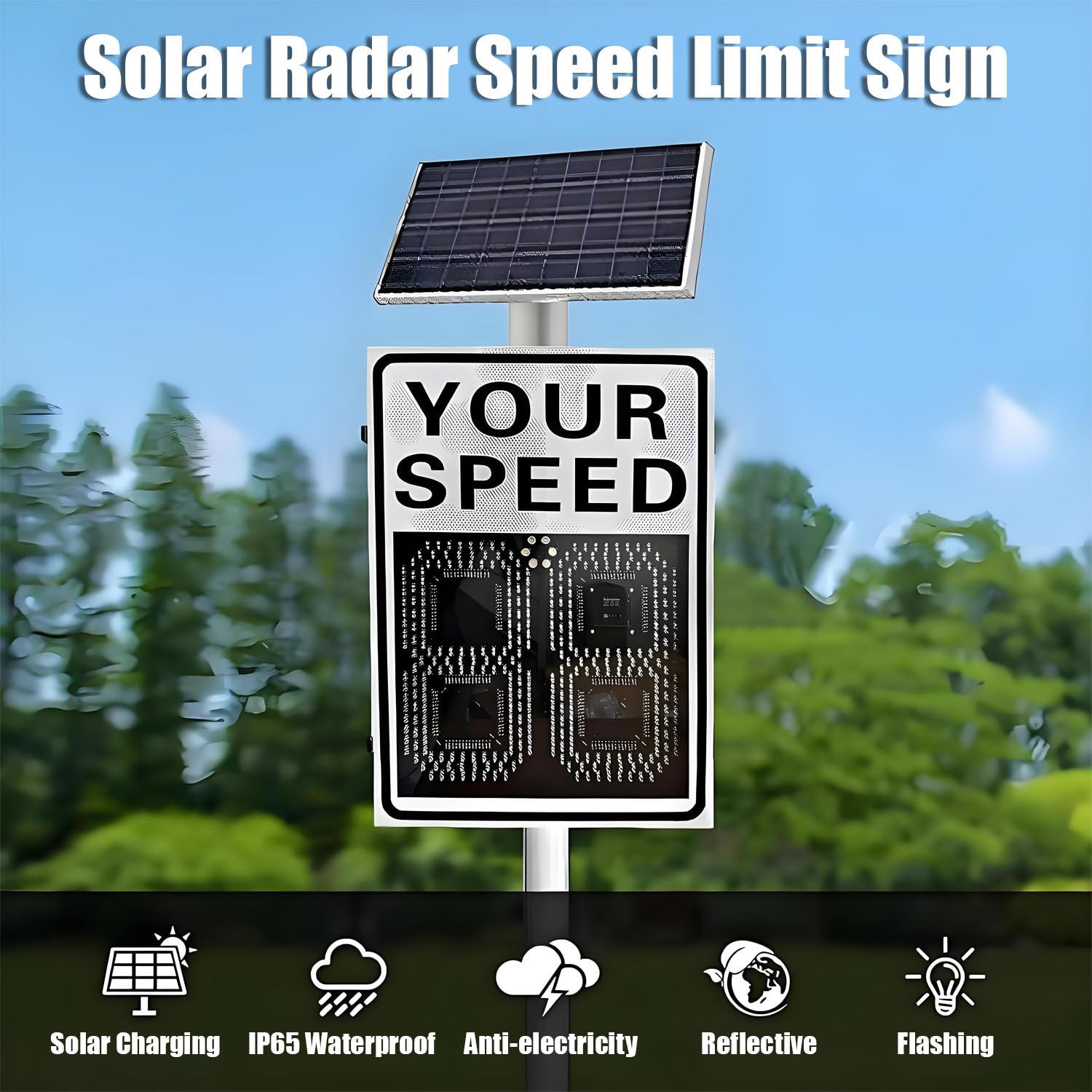 Señal de radar de velocidad con energía solar, aluminio inoxidable de 68,5 x 51 cm, detector de velocidad digital de 3 dígitos, ideal para calles y vecindarios.