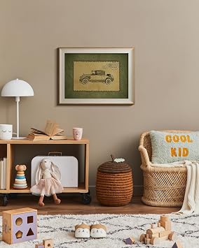 HUARCEY Classic Framed Vintage Antique Car Illustration Wall Art, 20th-Century Retro Automobile Green Postcard Style Canvas Print Decor for Living Room Office Garage Study Man Cave 12x16 Inch