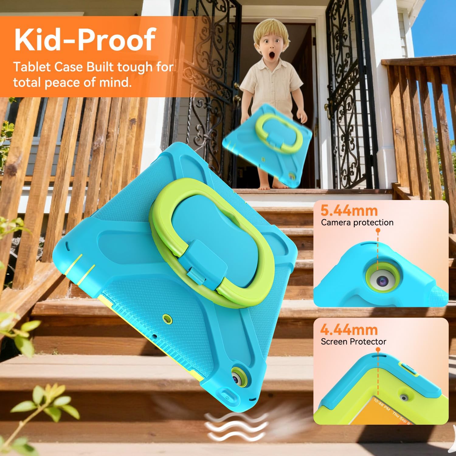 for iPad 10.2 Case 9th Generation 2021 / 8th Gen 2020 / 7th 2019,Shockproof Kids Case with Screen Protector,Rotating Stand/Pencil Holder/Carrying Strap for iPad 10.2 Inch -Light Blue+Lime