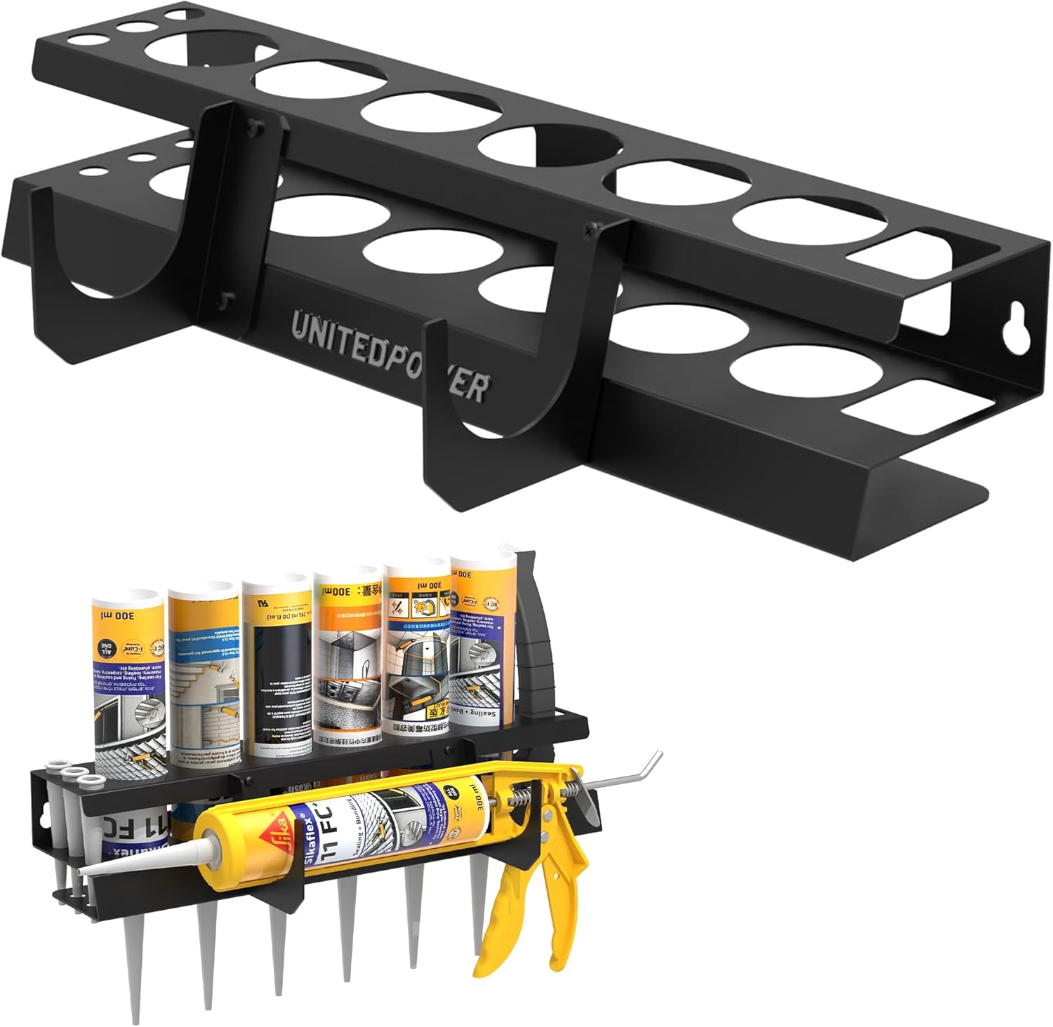 UNITEDPOWER Caulking Gun Holder 6+1, Wall Mount Hand Caulking Gun Storage Rack, Caulk Tube Organizer for Workshop, Shop, Garage