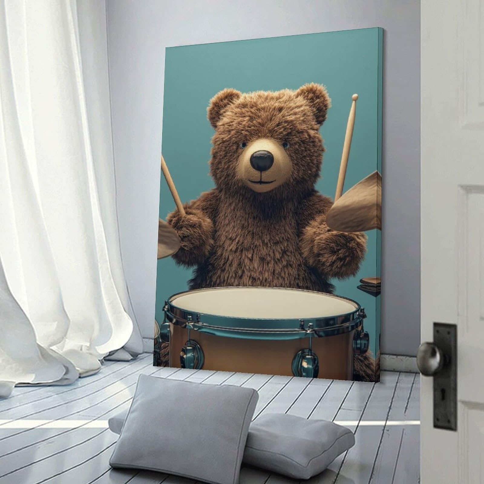 Junmoney Teddy Bear Drummer Canvas Wall Picture, 20x30inch(50x75cm), for Wall Displays, Bedrooms Or Room Updates, Wall Decor Suited to Curated Displays