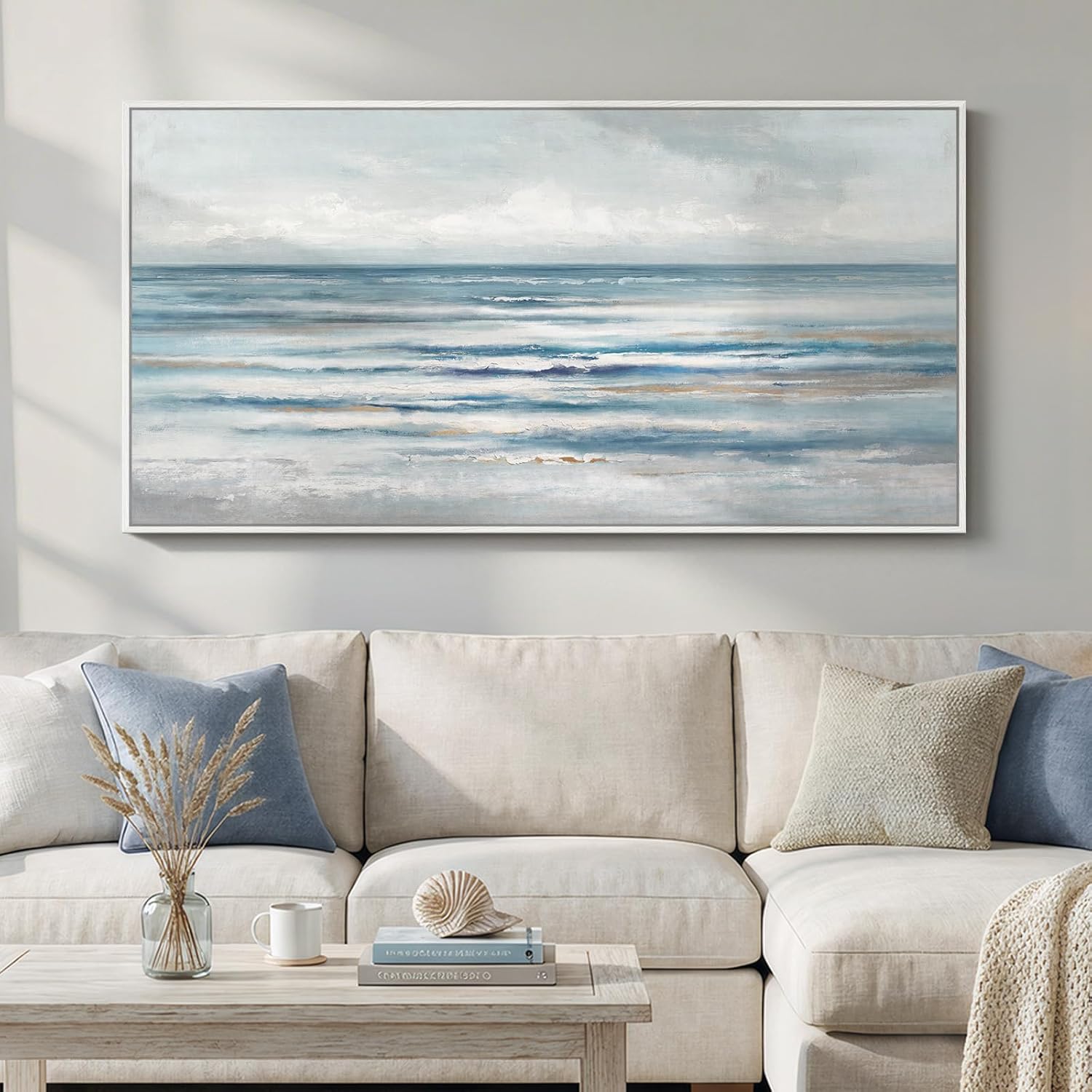 Large Framed Coastal Abstract Landscape Wall Art for Living Room, Horizontal Beach Wave Scenic Canvas Artwork for Walls, Ocean Seascape Picture Print for Dining Room Bedroom Office Wall Decor, 60x30 in