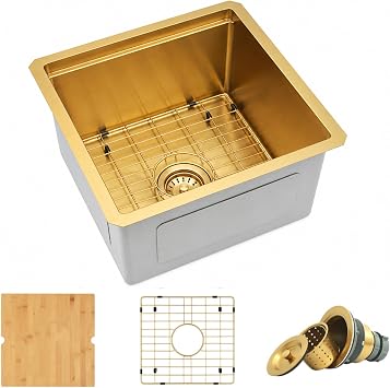 Gold Bar Sink Undermount,Small Bar & Prep Sinks,16 gauge Stainless Steel Bar Sink with Workstation for Wet Bar Area 18" X 18"