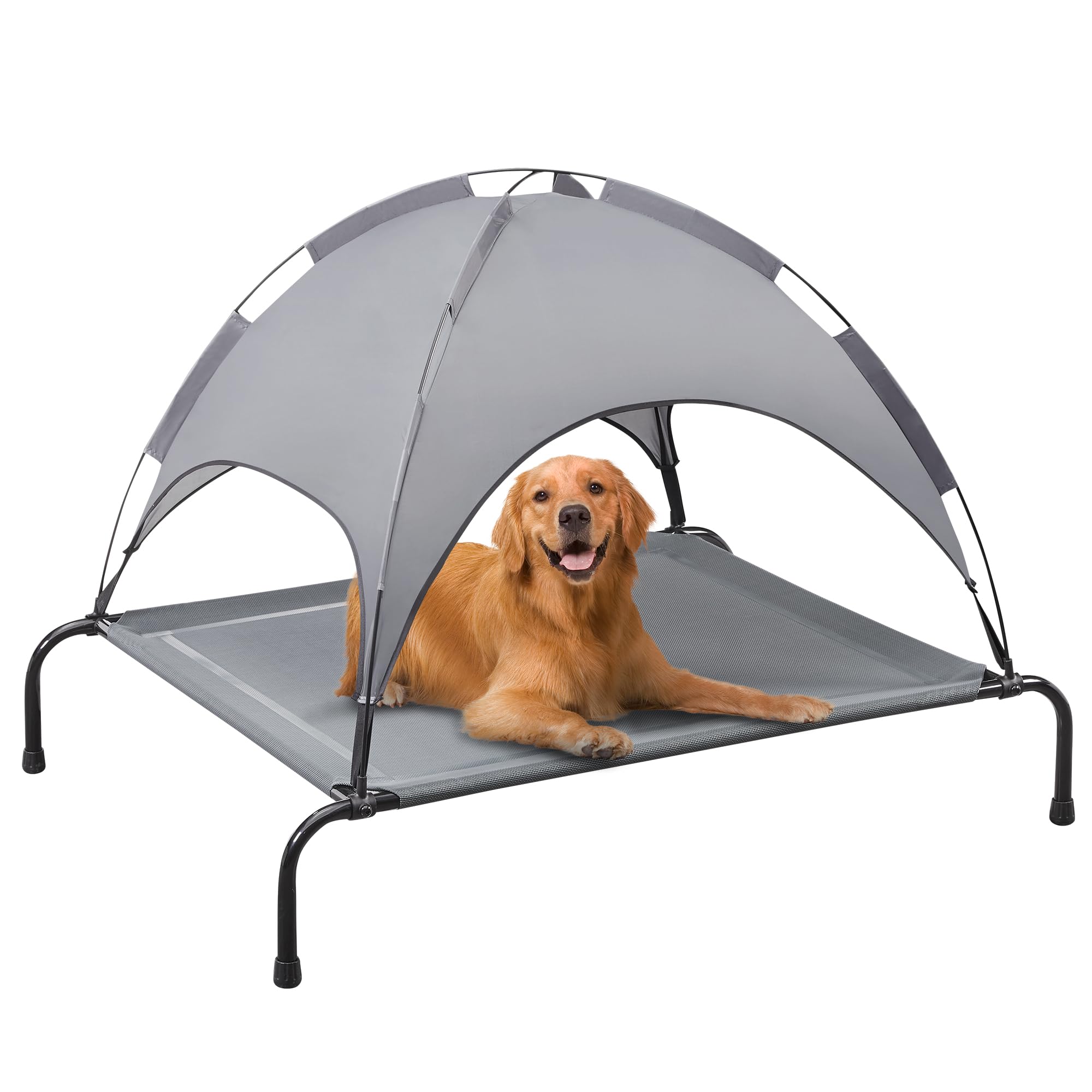 PRAISUN Outdoor Dog Bed with Canopy, XL Elevated Dog Bed, Dog Cot, Pet Bed with Oxford Fabric, Textilene Mesh, Carrying Bag, Cooling and Portable, for Indoors, Outdoors, Beach, Dark Gray