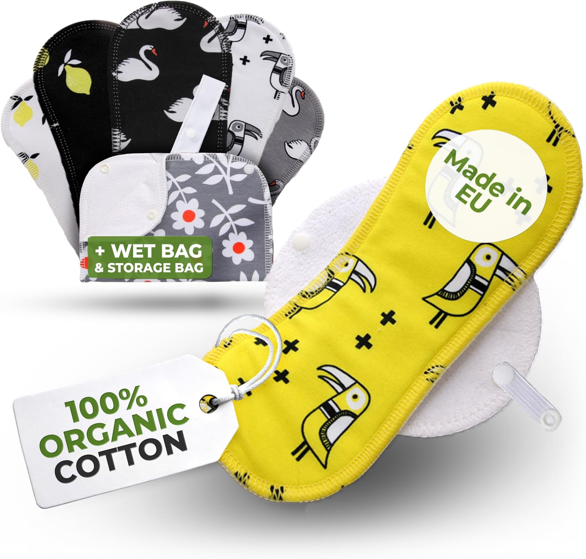 Organic Cotton Reusable Sanitary Pads for Light Flow (S+M+Bag, 6-Pack); High-Temp Washable Period Pads for Women & Teens Made in EU; Non-Irritating Towels, Reusable Comfortable Period Care