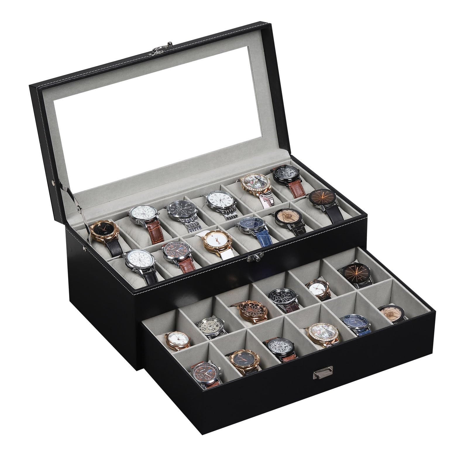 AUTOARK MKAW037 MKAW037 - Scatola per 24 orologi in pelle e velluto, con parte superiore in vetro, con chiusura a chiave, per riporre i gioielli, con cuscini rimovibili grigi