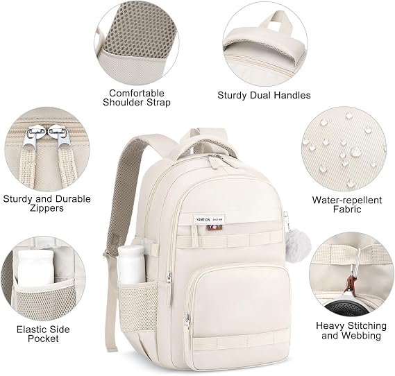 YAMTION Student Laptop Backpack for College Women,School Book Bag for Middle High School Teen Girls Travel Daypack,Beige