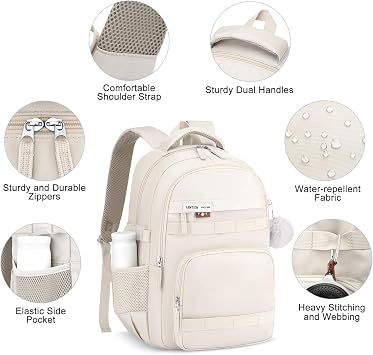 YAMTION Student Laptop Backpack for College Women,School Book Bag for Middle High School Teen Girls Travel Daypack,Beige