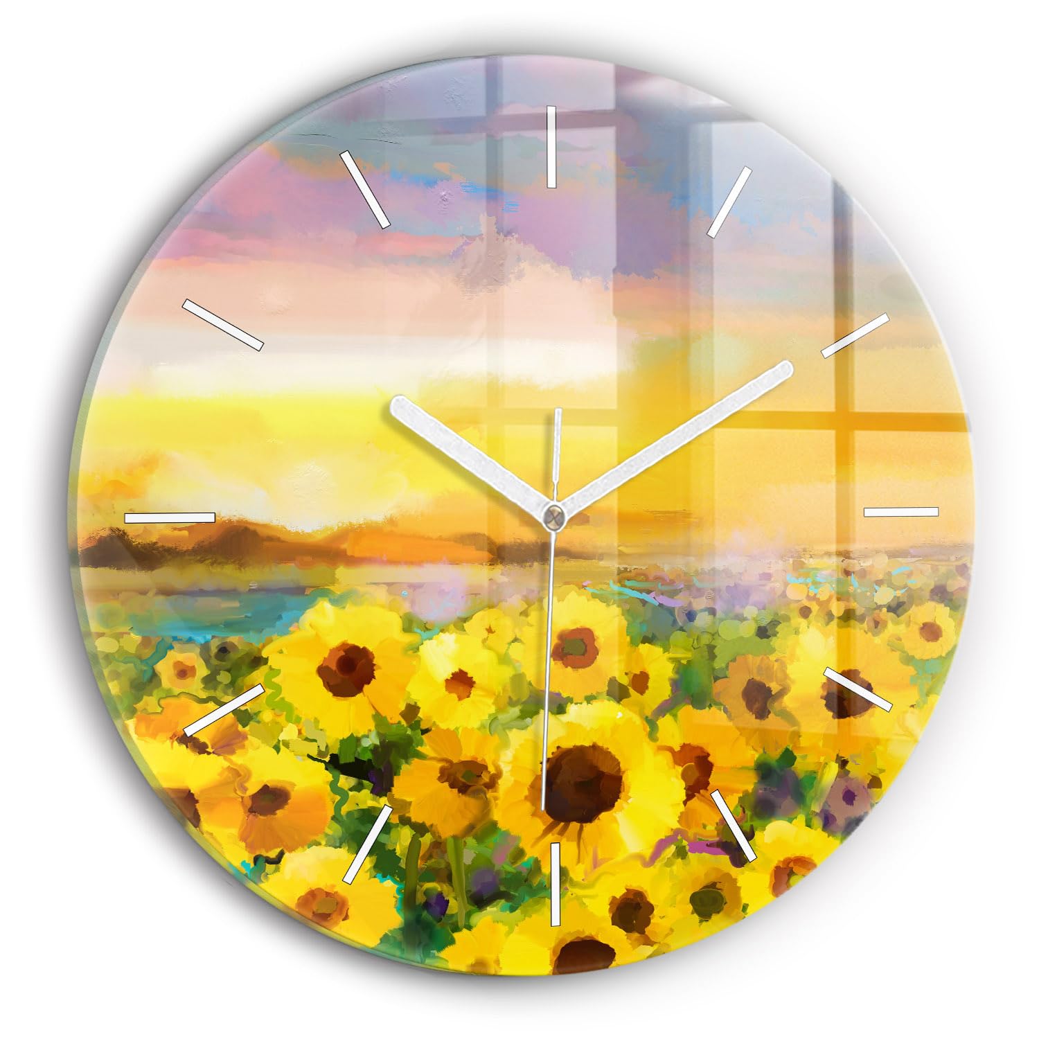 Horloge en verre moderne 30cm Wallfluent horlogerie silencieuse couleur vive tournesol