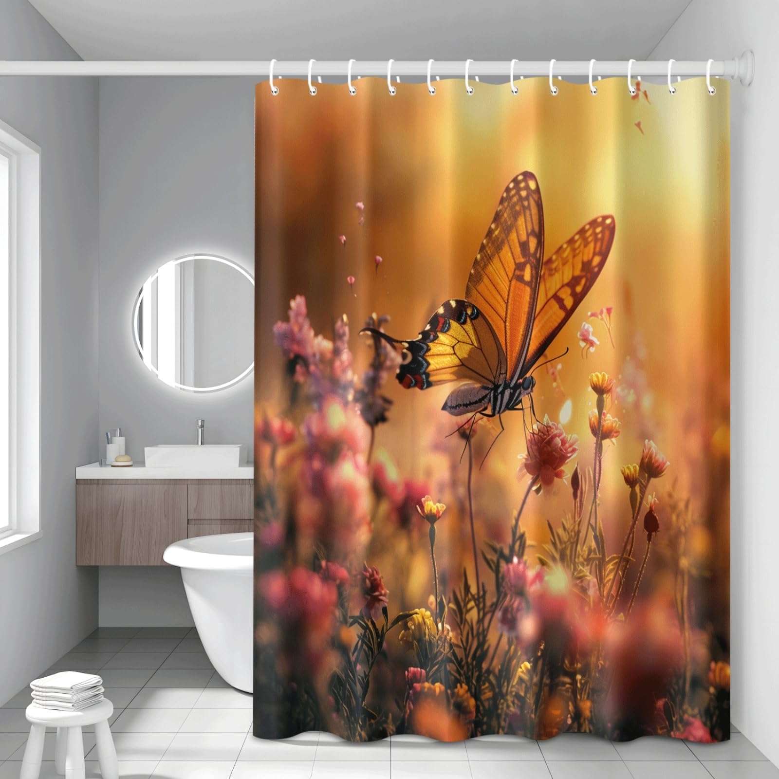 Shower Curtain Orange Pink Mould Resistant Shower Curtains for Bathroom Washable Polyester Bathroom Curtains Decor Wet Room Quick Dry Anti Mould Bath Curtain with 12 Hooks 200x240cm
