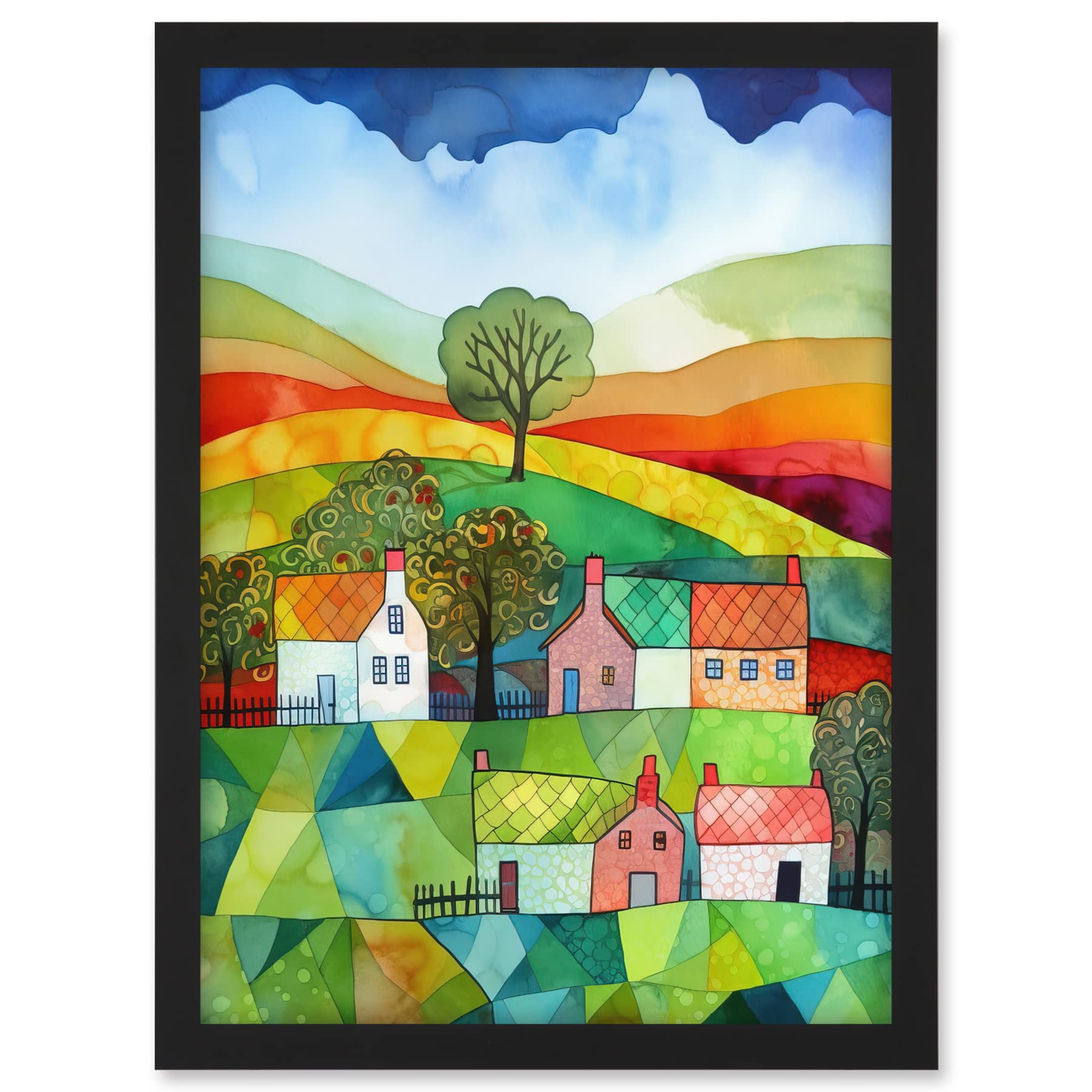 Artery8 Rural Landscape Rainbow Countryside Folk Art Watercolour Painting Artwork Framed A3 Wall Art Print