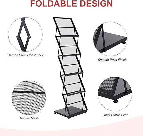 Miniatura 3 de PATIKIL Estantes de exhibición plegables para revistas, soporte de pie de 5 capas, soporte para catálogo de literatura con ruedas para hotel,