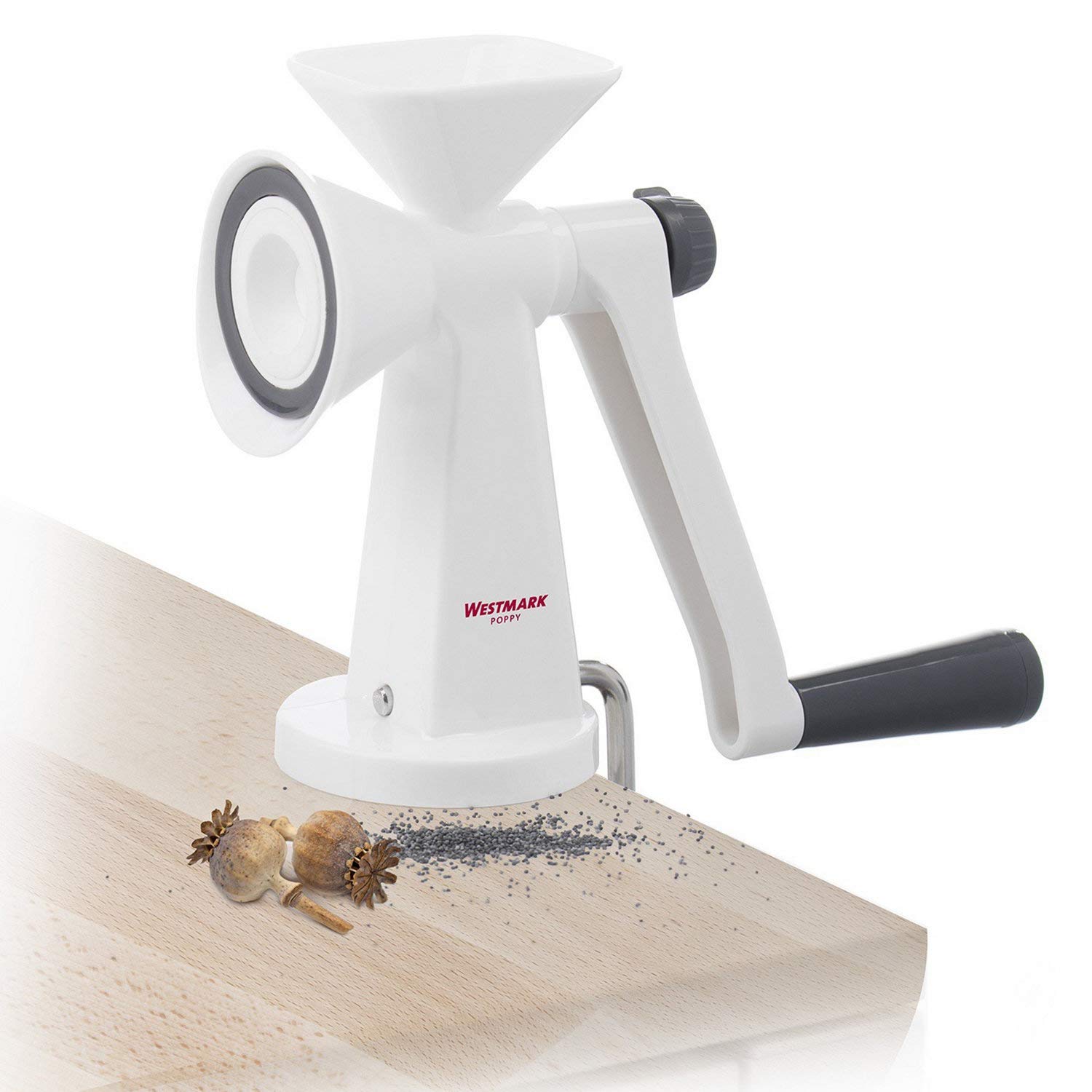 Westmark Macinino per semi con macina in ceramica, Macinatura regolabile, Da montare al tavolo, Plastica/Ceramica, poppy, Bianco/Grigio, 11832260