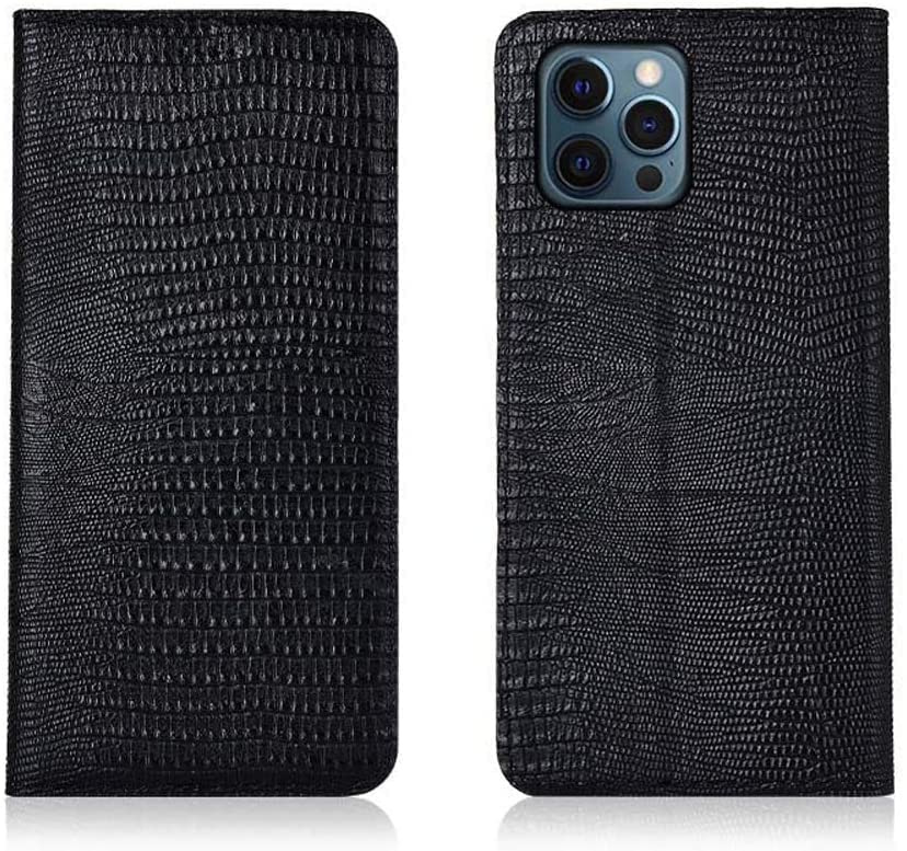 Coque iPhone 12 Pro Max cuir lézard noir avec support vidéo de table
