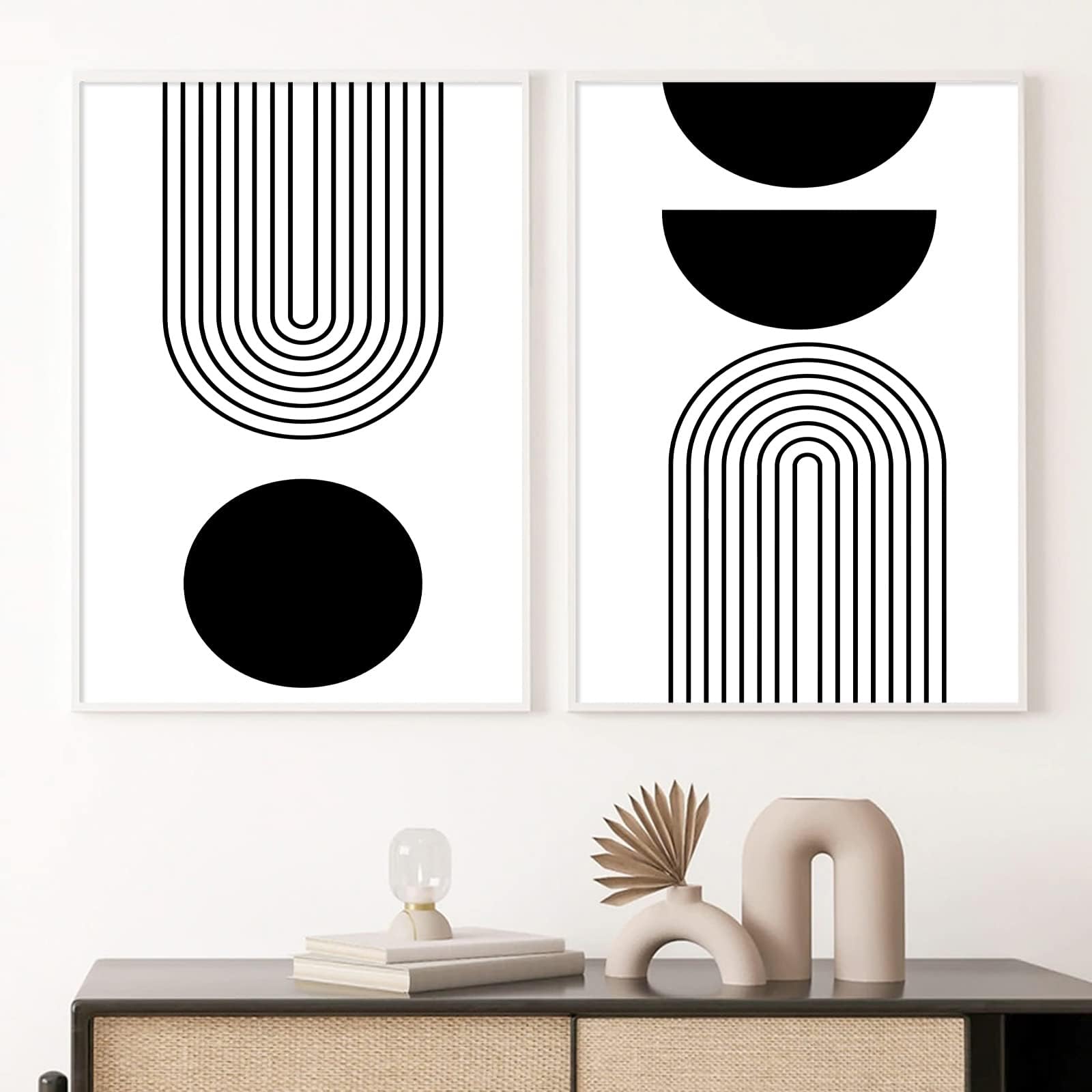 Black and White Geometric Abstract Wall Art Black and White Boho Canvas Painting Minimalist Art Prints Black and White Line Art Mid Century Modern Geometric Wall Art for Home Decor 16x24inch Frameless