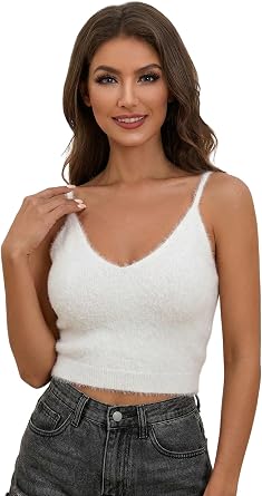 SHENHE Womens V Neck Spaghetti Strap Furry Cute Top Fluffy Knit Crop Cami Top Tank