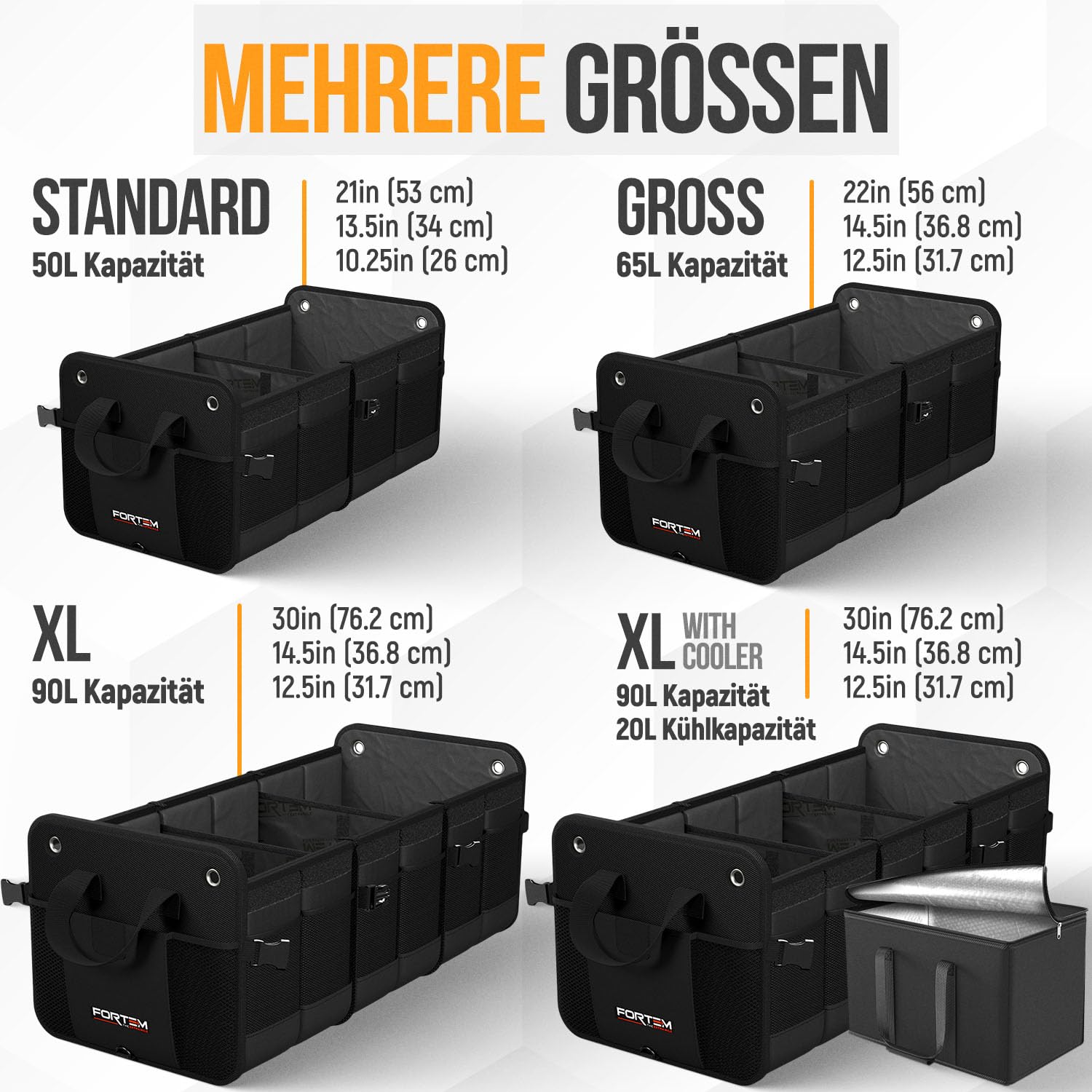 FORTEM Kofferraum Organizer, Zusammenklappbarer Auto Organizer mit Fächern, Rutschfester Boden, Verstellbare Sicherungsriemen, Klappbarer Deckel (90L)