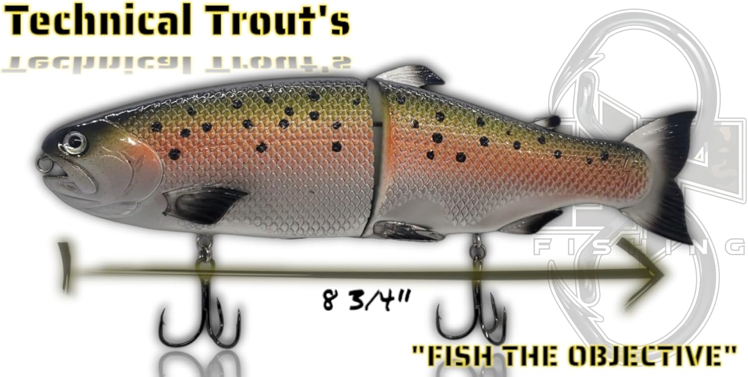 Technical Trout’s 8 ¾” Swimbait – Realistic Multi-Jointed Glide Bait for Bass Fishing – Big Fish Lure with Size 1 Vector Hooks – Hand-Painted & Coated in The USA (Hinkle Trout Clone)