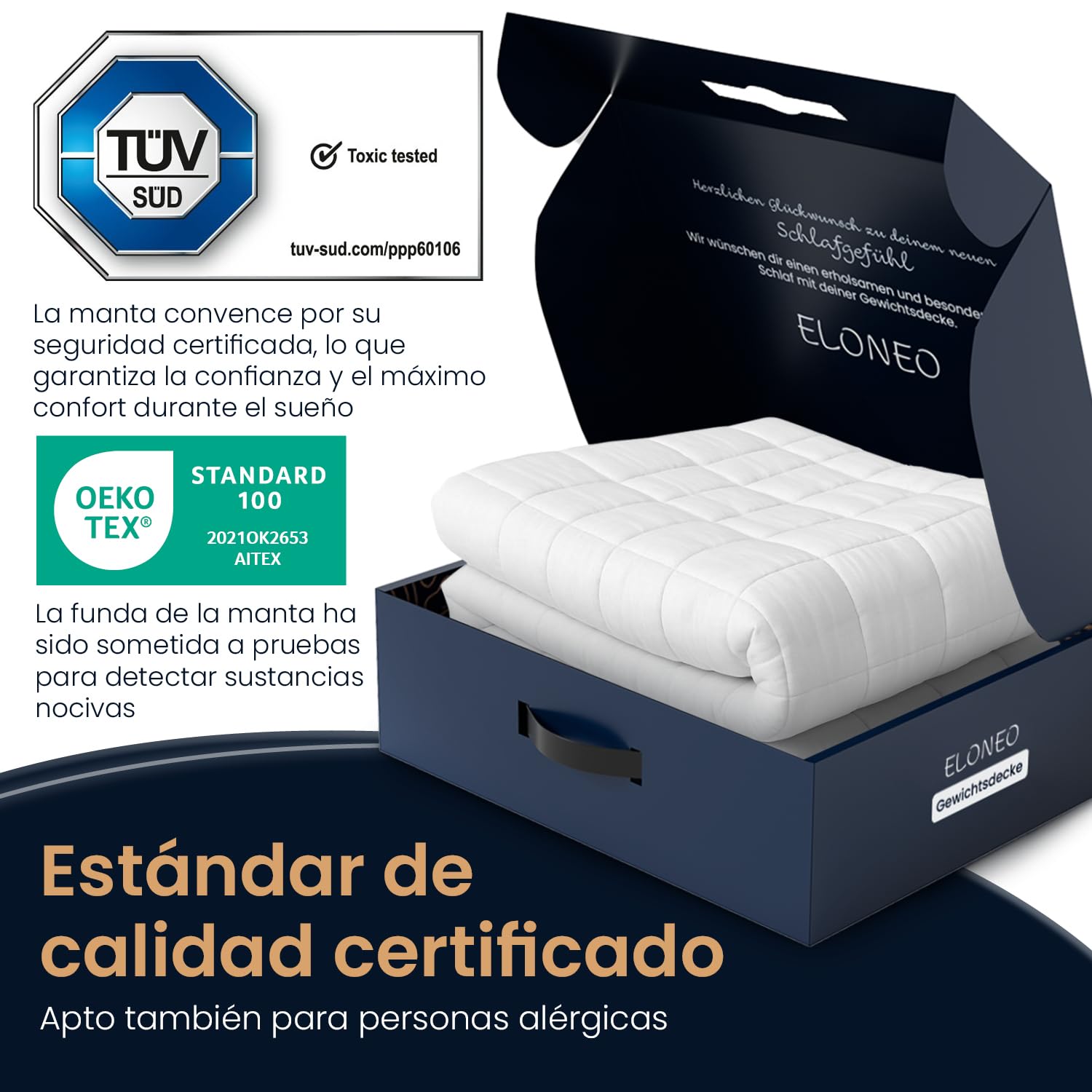 ELONEO Manta con Peso 135x200 cm con 11 kg, certificada por TÜV y Oeko-Tex, Manta Pesada para Dormir de 100% algodón