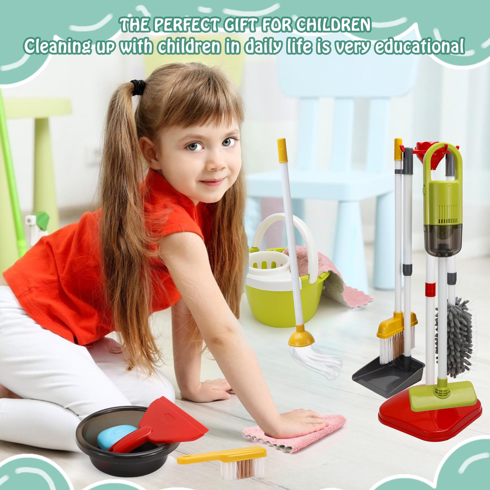 14 PCS Putzset für Kinder, Kinderstaubsauger, Kinderbesen Set Ab 2 Jahre, Putzset für Kinder Mit Saug und Soundfunktion (A-14)