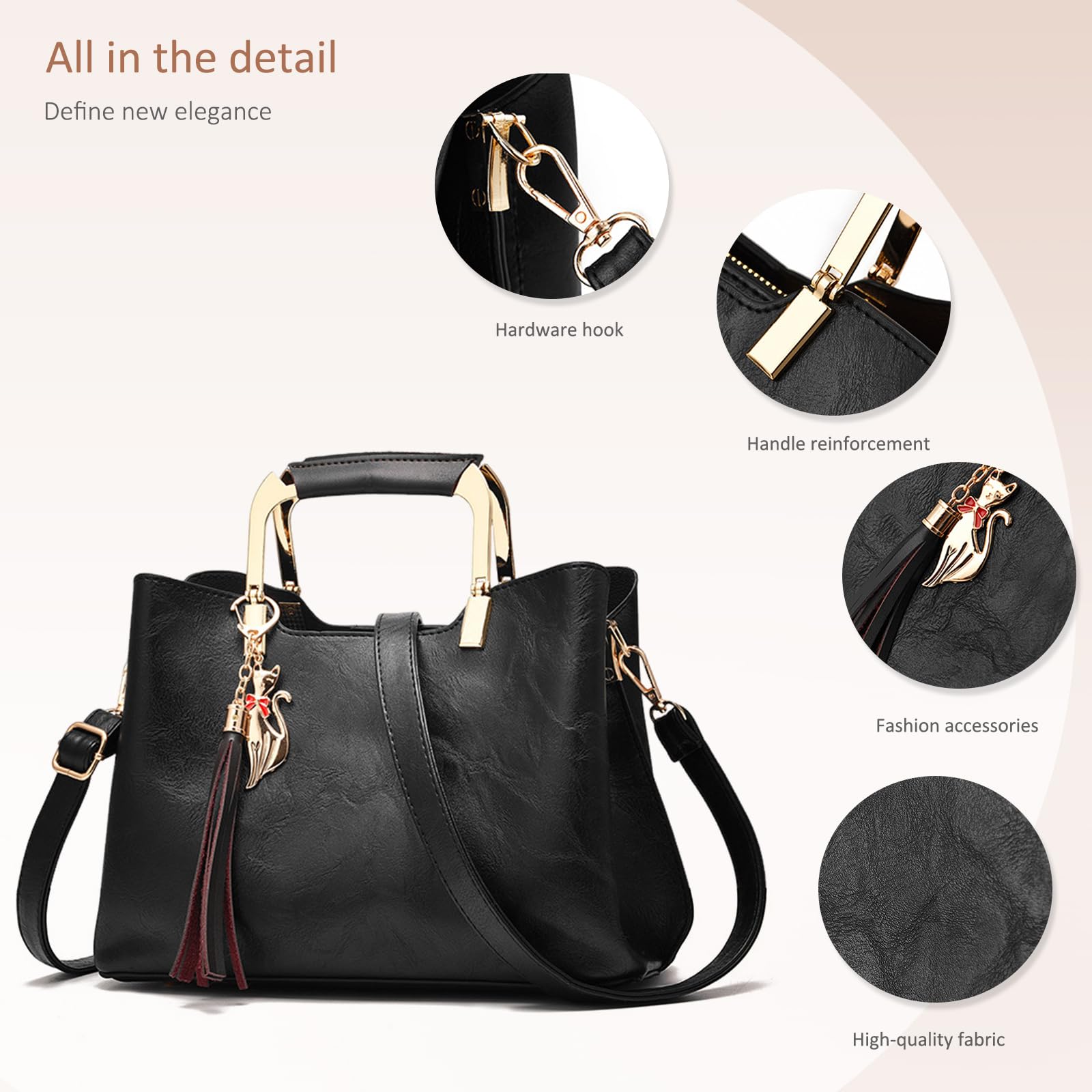 NICOLE&DORIS Bolso de mano con asa superior para mujer, bolso de hombro, bolso cruzado con borla, bolso de mano para mujer, piel sintética