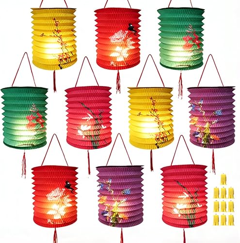 10PCS Chinese Lunar New Year Decorations 2026 Chinese Paper Lanterns Japanese Decorative Hanging Paper Lanterns with LED Lights 6.3inch Colorful for