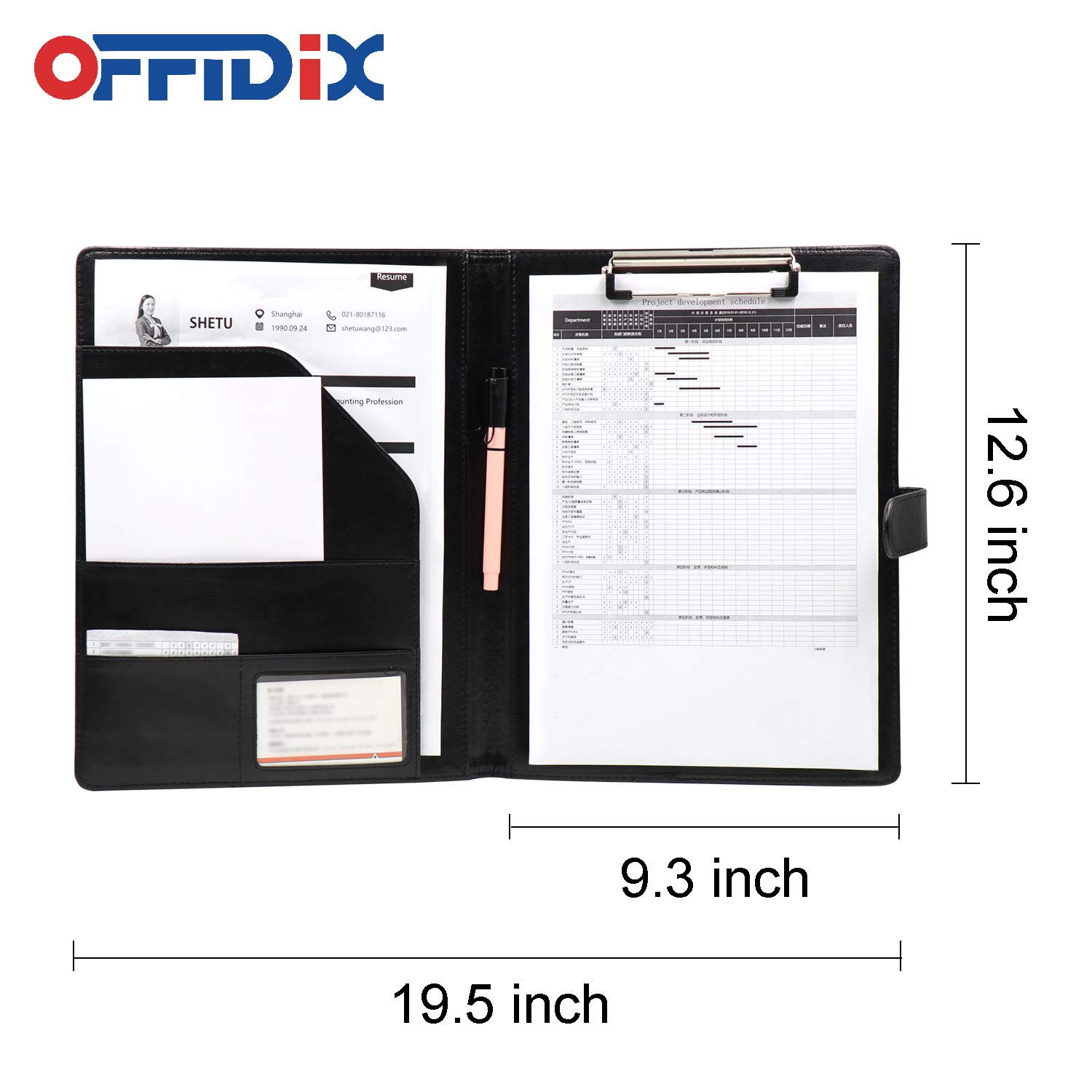 OFFIDIX Cuir PU Dossier Portfolio Presse-papiers A4 Dossier Portfolio Travail Rédaction Repli Presse-papiers Pliable (Noir)