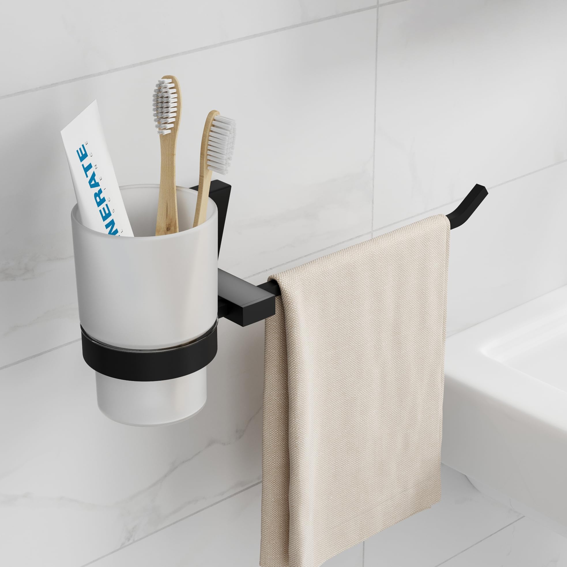 USF Towel Hanger with Toothbrush Holder for Wash Basin, 304 Stainless Steel Napkin Holder with Tumbler Holder for Bathroom, Rust Resistant Finish, 25 Years Warranty (Black Finish) - Canary-image-49