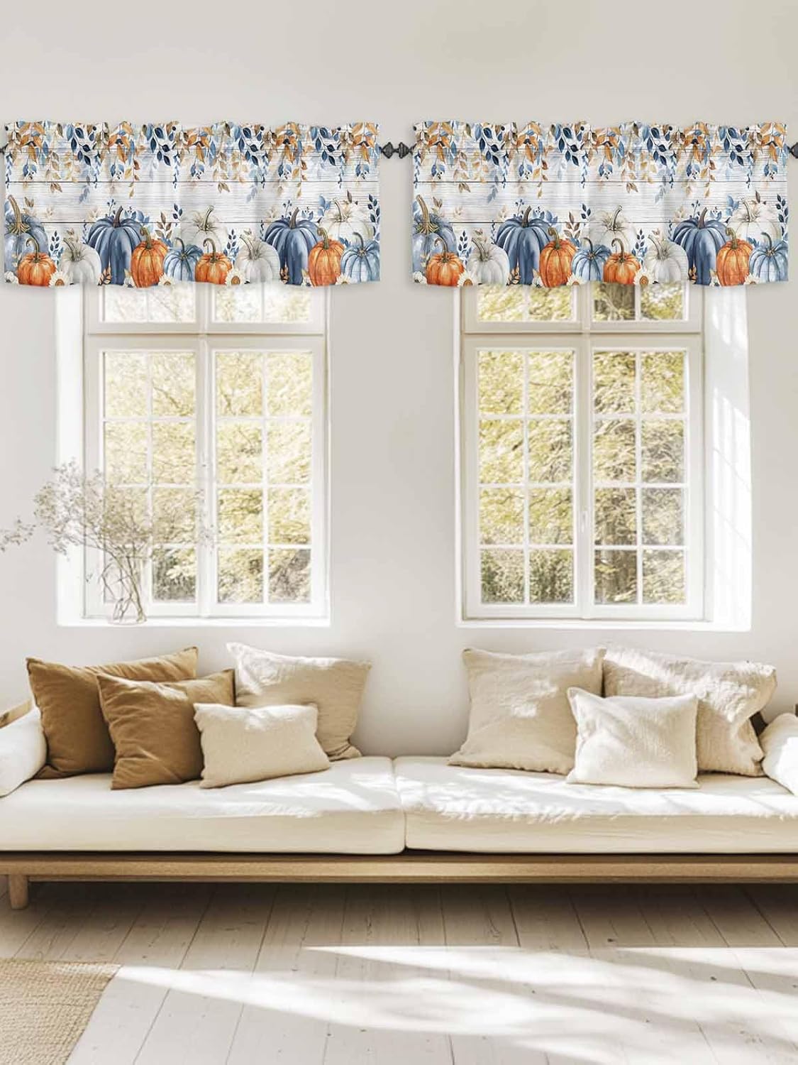 Orange Blue Thanksgiving Fall Curtain Valances for Windows, Botanical Kitchen Valance Window Treatments Panel 2 Pack, Vintage Rod Pocket Short Curtains for Bathroom Bedroom 54 x 18 Inch
