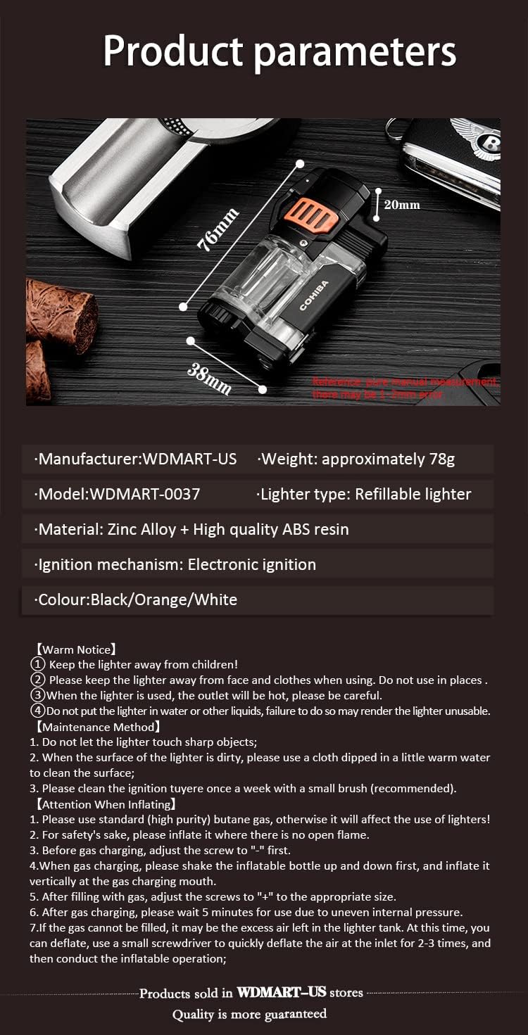 WDMART-US Windproof Refillable lighters - Metal Butane Gas Lighter - Triple Turbo Direct Injection lighters • Transparent Gas Tank•One-Button Automatic lid Opening(Note: Gas is not Included)(White)