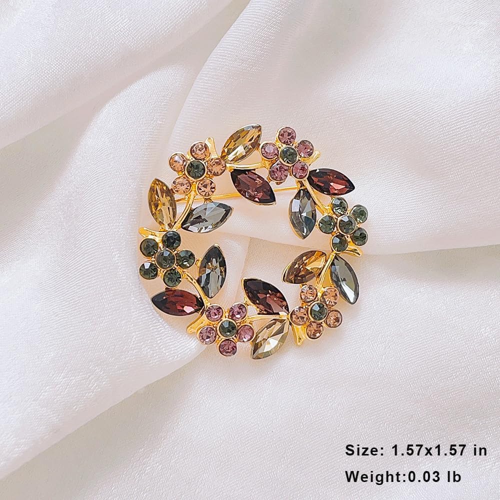 Flower Wreath Brooches for Women Round Floral Rhinestone Lapel Pins Broach Blazer Dress Denim Jacket Clothes Badge Bridal Wedding Birthday Party Jewelry Gifts