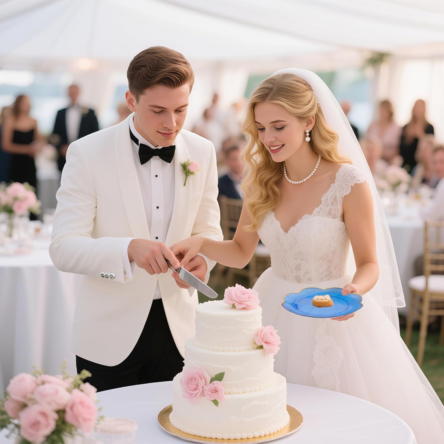 LIYH 120 Pcs Clear Blue Dessert Plates 7.5 Inch Cake Plates Disposable Heavy Duty Gold Rim Blue Plastic Plate for Party Wedding Bridal Showers Decor - Image 7