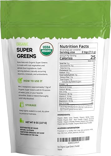 Miniatura 6 de Kate Naturals Polvo de superalimento verdes orgánicos. Mezcla diaria de superalimento verdes con probióticos y fibra para batidos y jugos (30