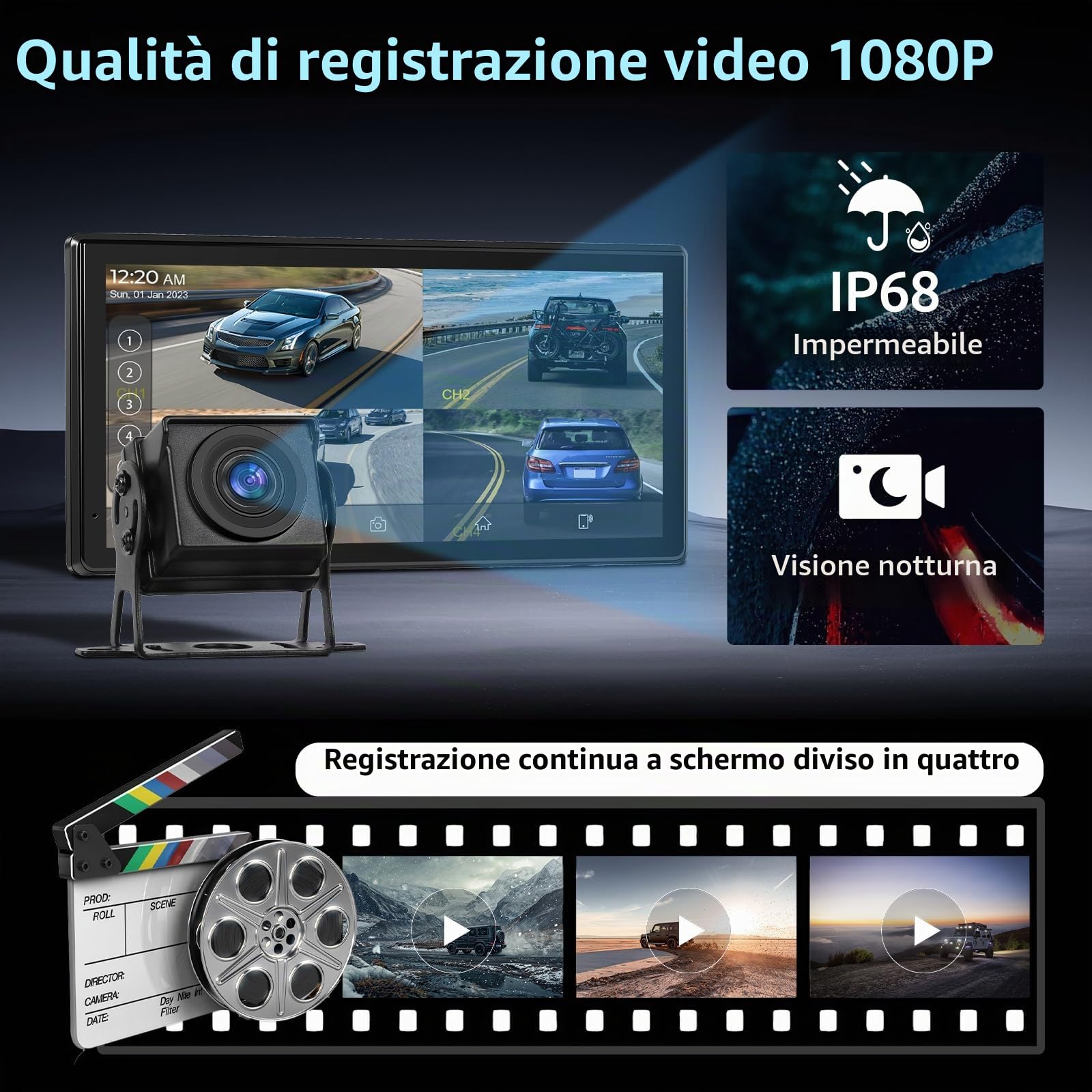 Hodozzy RV 4 Telecamera Pposteriore con Carplay Senza Fili Android Auto, 10,36 Zoll IPS Bluetooth Touchcreen, DVR 1080P con USB/TF Card, IP68 Impermeabile Visione Notturna per Camion Autobus Camper
