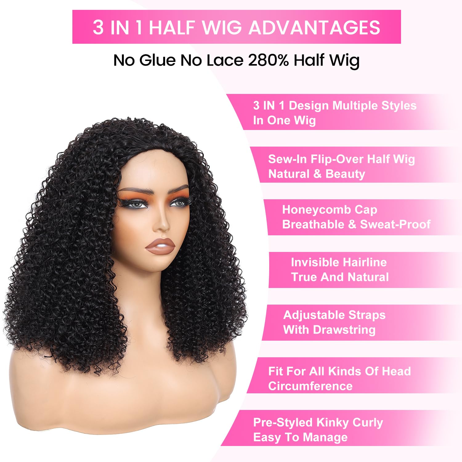 DSY Curly Half Wig Human Hair 280 Density Kinky Curly Half wig Wear and Go Glueless Wigs Human Hair 3 In 1 Seamless Flip Over with Drawstring Half Curly Human Hair Wig for Women Beginner Friendly
