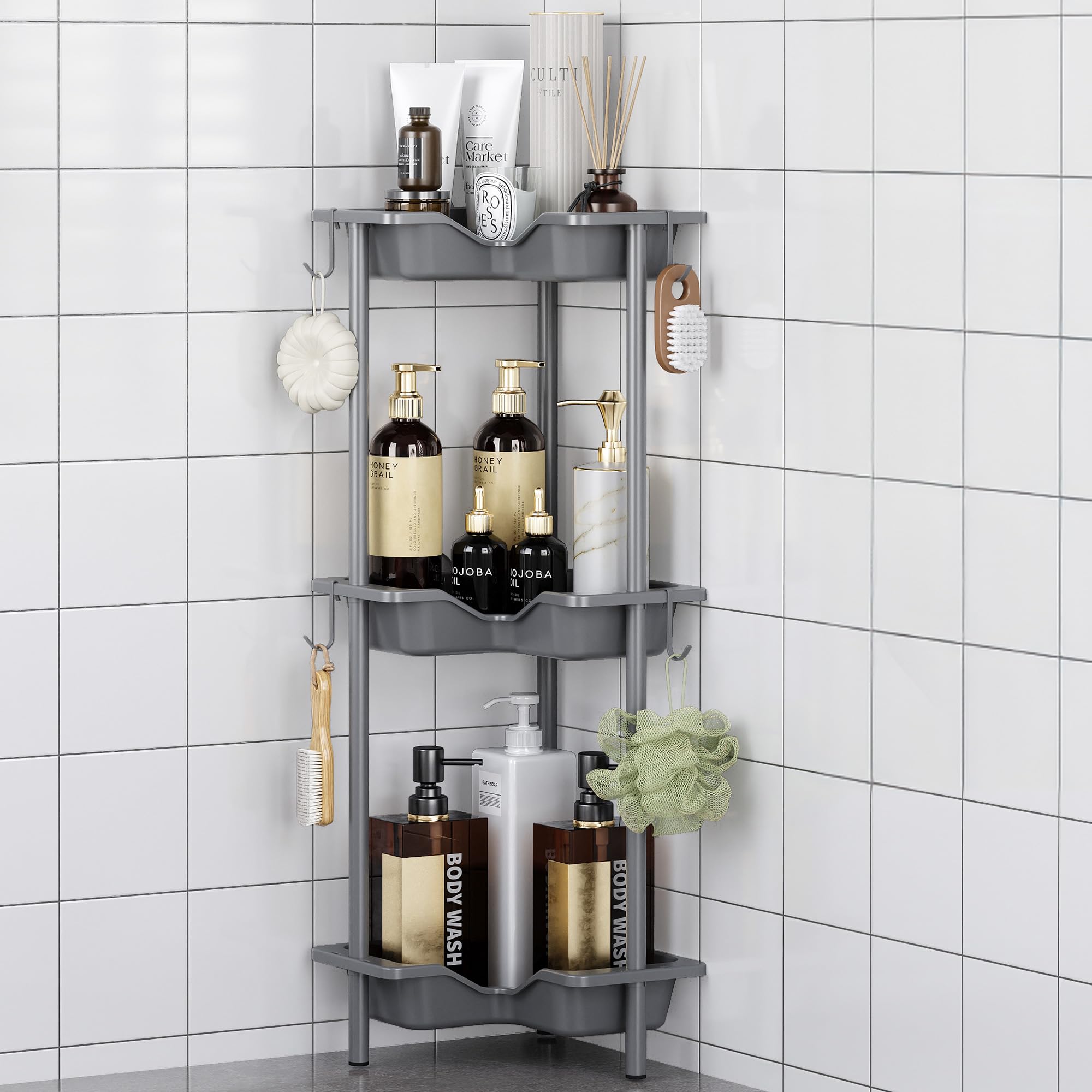 Oriware Porta Sapone per Doccia, Mensola Doccia Senza Foratura, Scaffale Angolare da Terra, Scaffale Bagno (Grigio, 3 Tier)