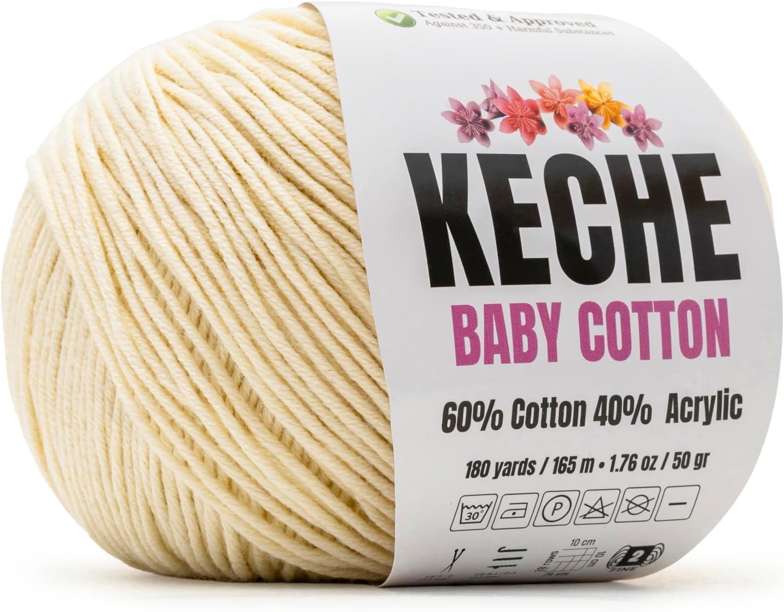 Keche Cotton Yarn, 60% Cotton 40% Acrylic Yarn, Soft Cotton Yarn for Crochet and Knitting, Amigurumi Yarn 1 Skein/Ball 1.76 Oz (50g) / 180 Yrds (165m) - Cream