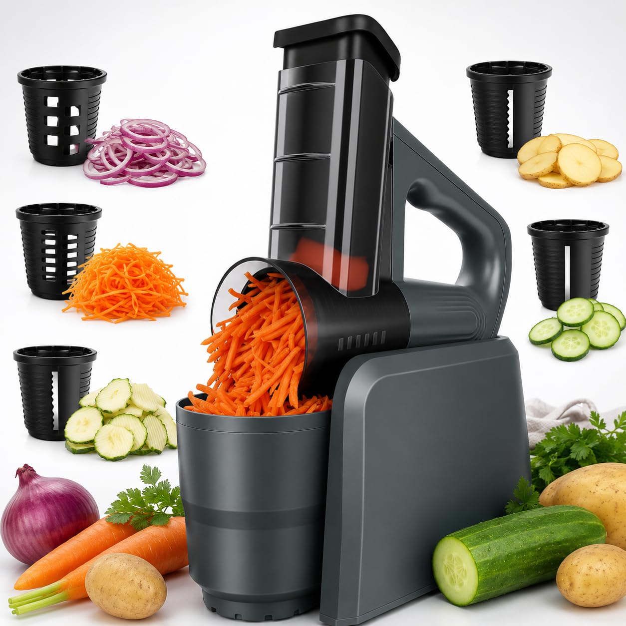 Electric Cheese Grater Vegetable Slicer 5-in-1, 5 Interchangeable Drum Blades, Food Processor for Cheese, Nuts, Carrots, Fruits & Vegetables