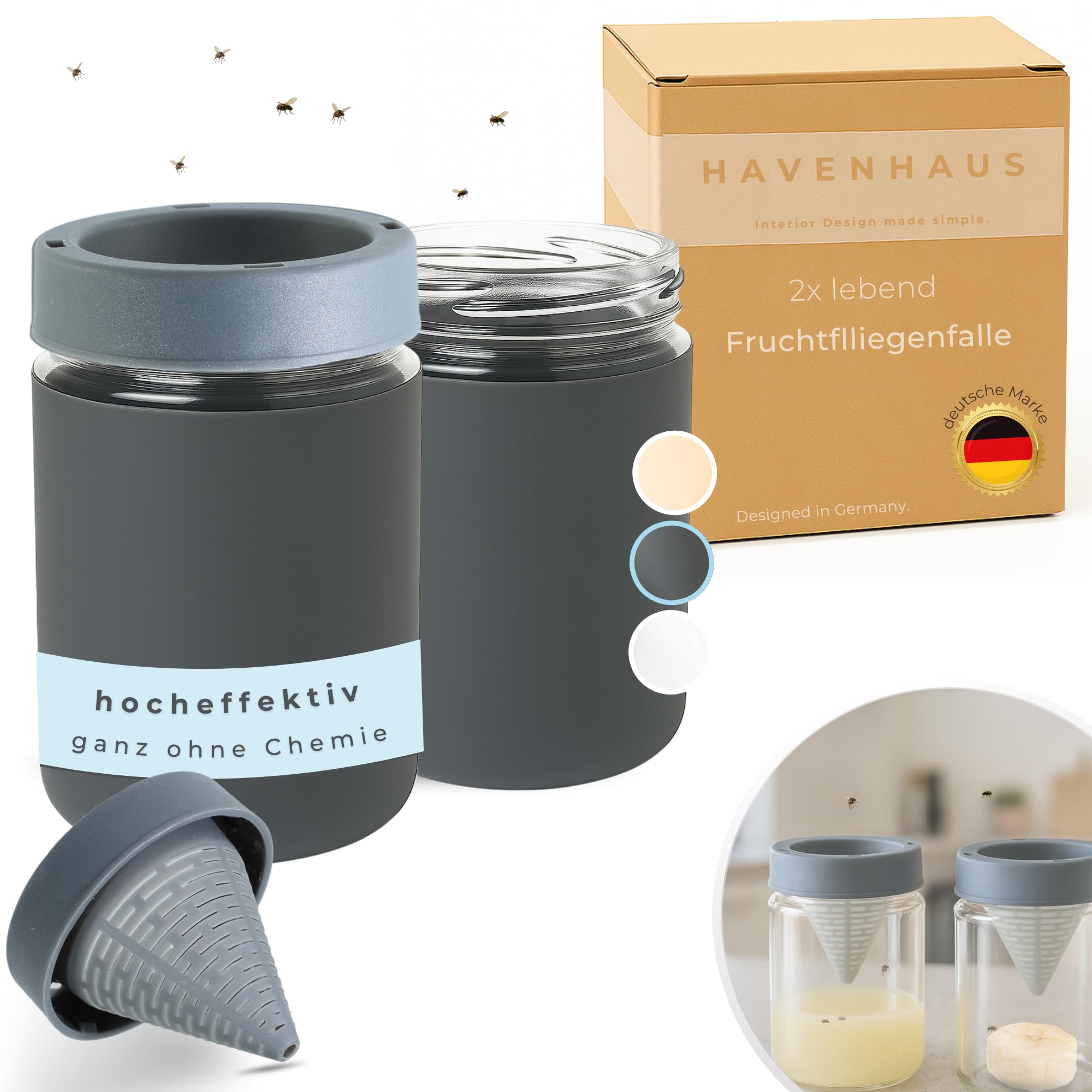 HAVENHAUS Fruchtfliegenfalle dunkelgrau wiederverwendbar 2er Set | Obstfliegenfalle für Küche | Fruchtfliegen dauerhaft loswerden | Fruit Fly Trap | Lebendfalle Fliegenfalle gegen Fruchtfliegen