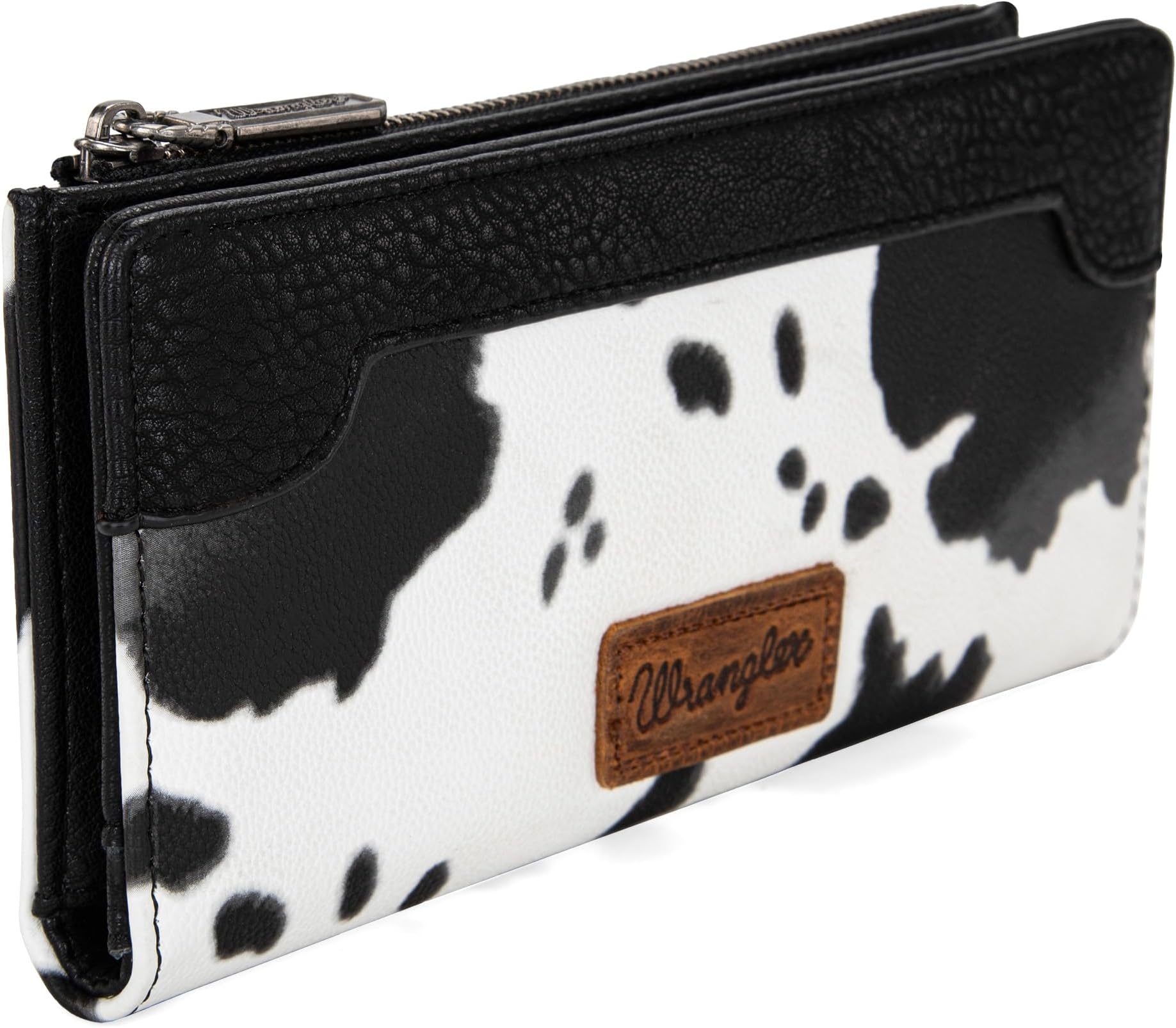 Wrangler Minimalist Credit Card Wallet for Women - Ladies Travel Money Organizer with Smooth Zippers, Cow Print - Black
