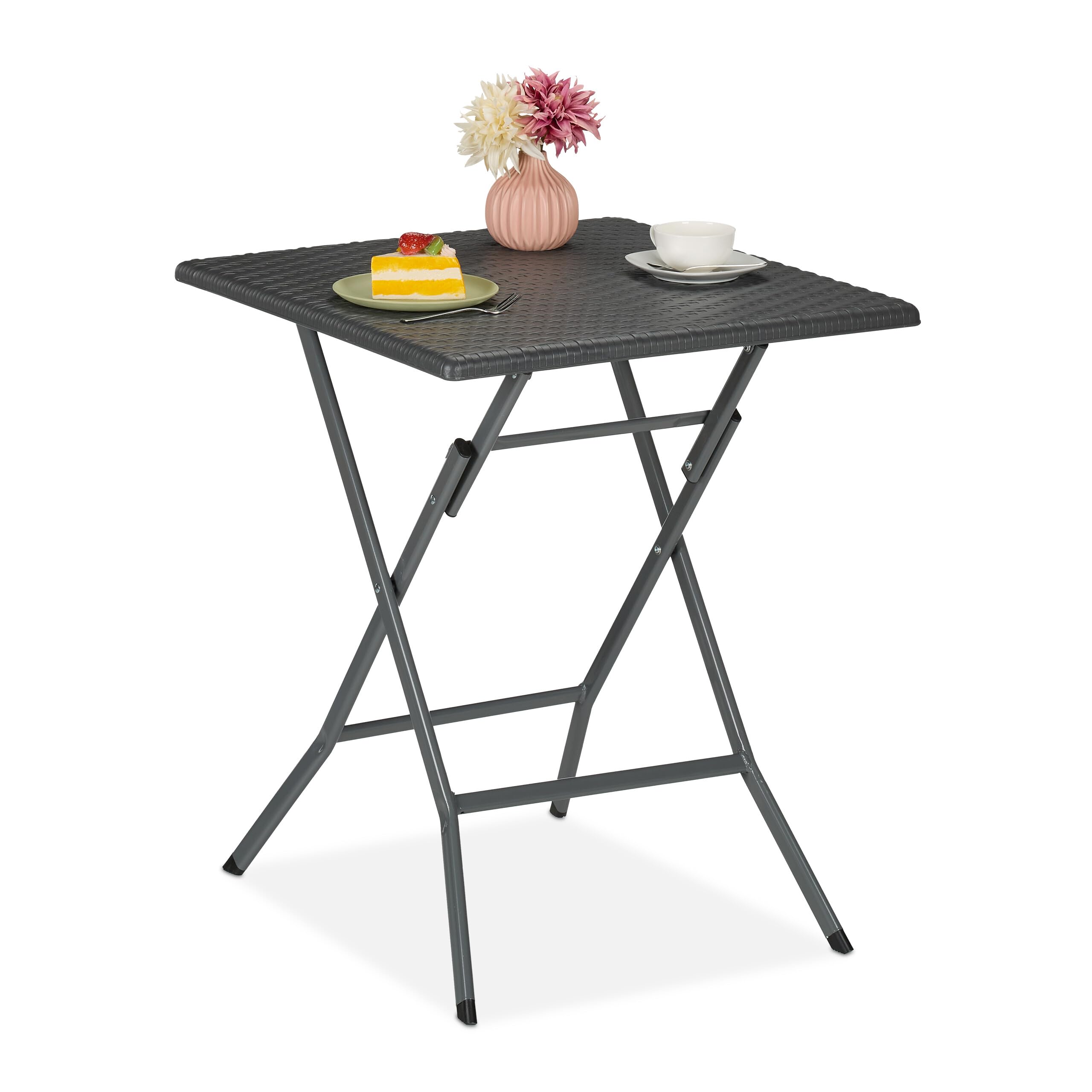 Relaxdays Gartentisch, klappbar, HxBxT: 73 x 62 x 62 cm, Rattanoptik, Kunststoff, Stahl, wetterfester Balkontisch, grau