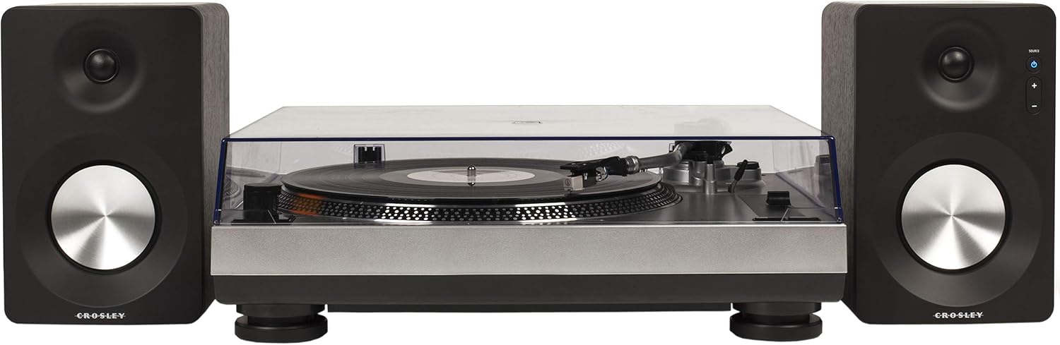 Crosley K100A-SI Belt-Drive Turntable Stereo System with Bluetooth Speakers, Silver
