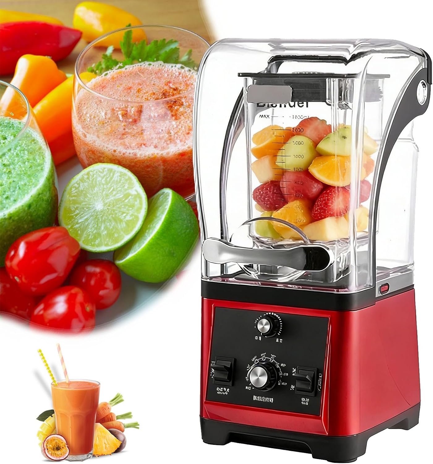 Commercial Quiet Blender for Kitchen, Noise Reduction blender with Shield Quiet Sound Enclosure, Six-Bladed Stainless Steel Knife, Speed Adjustable 2600W(Red)