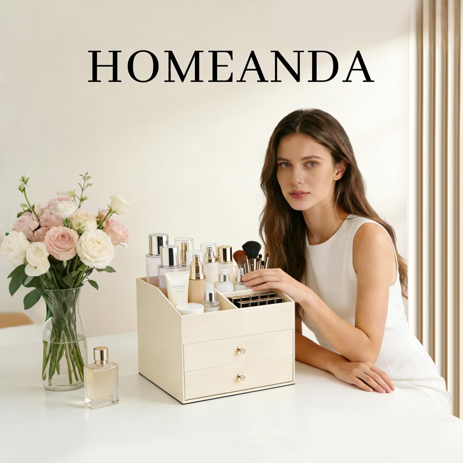 Homeanda Makeup Organizer with Drawers, PU Leather Cosmetic Storage Box Large Cosmetic Display Case for Skincare, Lipstick, Brushes, Bedroom Storage(Beige)