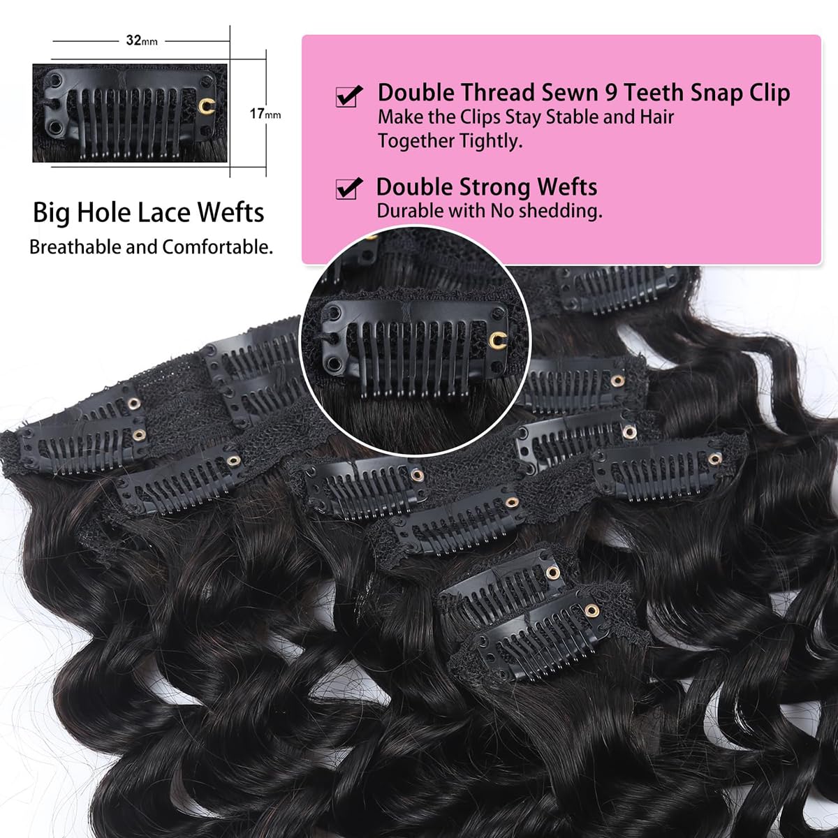 Curly Clip in Hair Extensions Real Human Hair 20 Inch 8PCS 120g Unprocessed Deep Water Wave Double Weft Hairpieces for Women Seamless Clip Ins Extensions Natural Black - Image 3