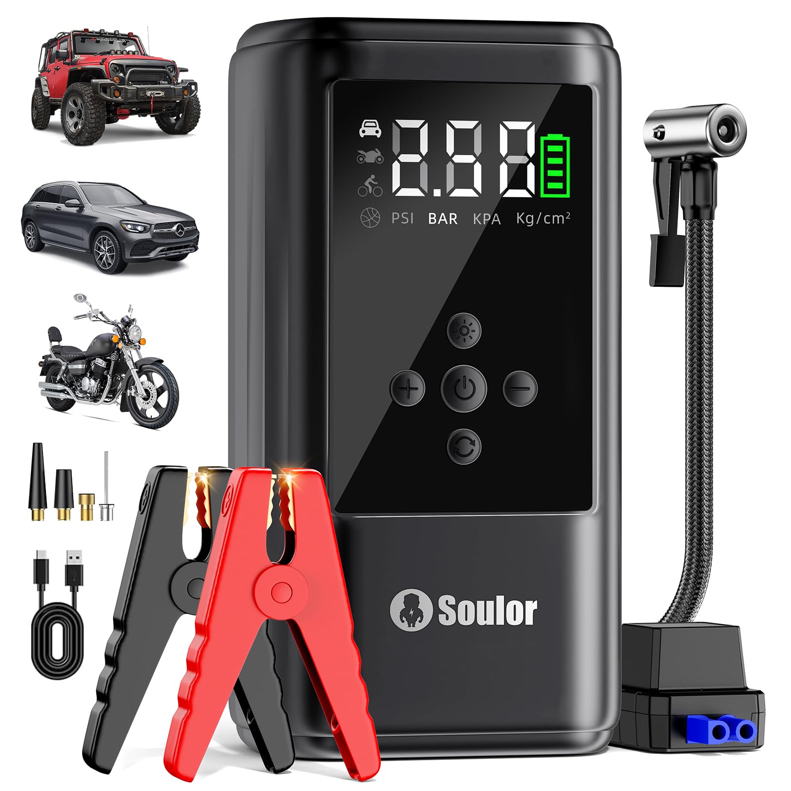 6000A Booster Pack Jump Starter with Air Compressor, Car Booster Battery Pack,10-in-1 Battery Power Pack 12V Jump Box with 160PSI Tire Inflator LED Light and Jumper Cables (10L Diesel All Cars)